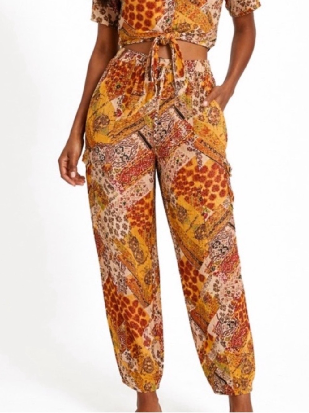 Christian Siriano NY Mustard Patchwork Print Crop Top & Jogger Set S - Picture 11 of 14